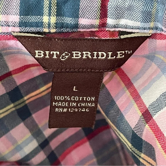 Bit & Bridle Roll Sleeve Plaid Shirt Size Large - Picture 3 of 7